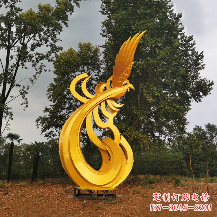 连云港不锈钢漆金凤凰雕塑-黄金色园林动物景观雕塑