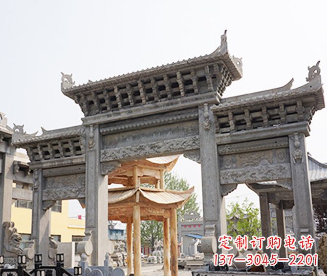 连云港村庄大理石三门牌坊石雕 (5)