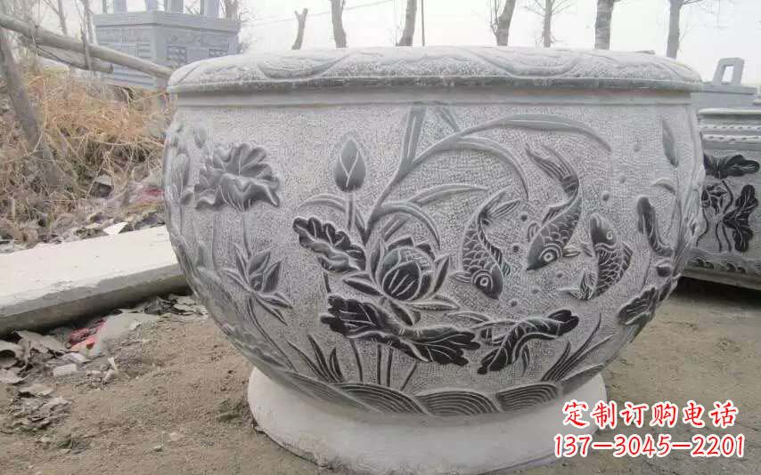 连云港仿古雕刻鲤鱼石浮雕水缸