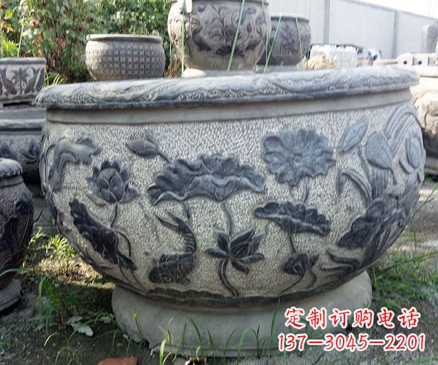 连云港中领雕塑仿古荷花石浮雕水缸