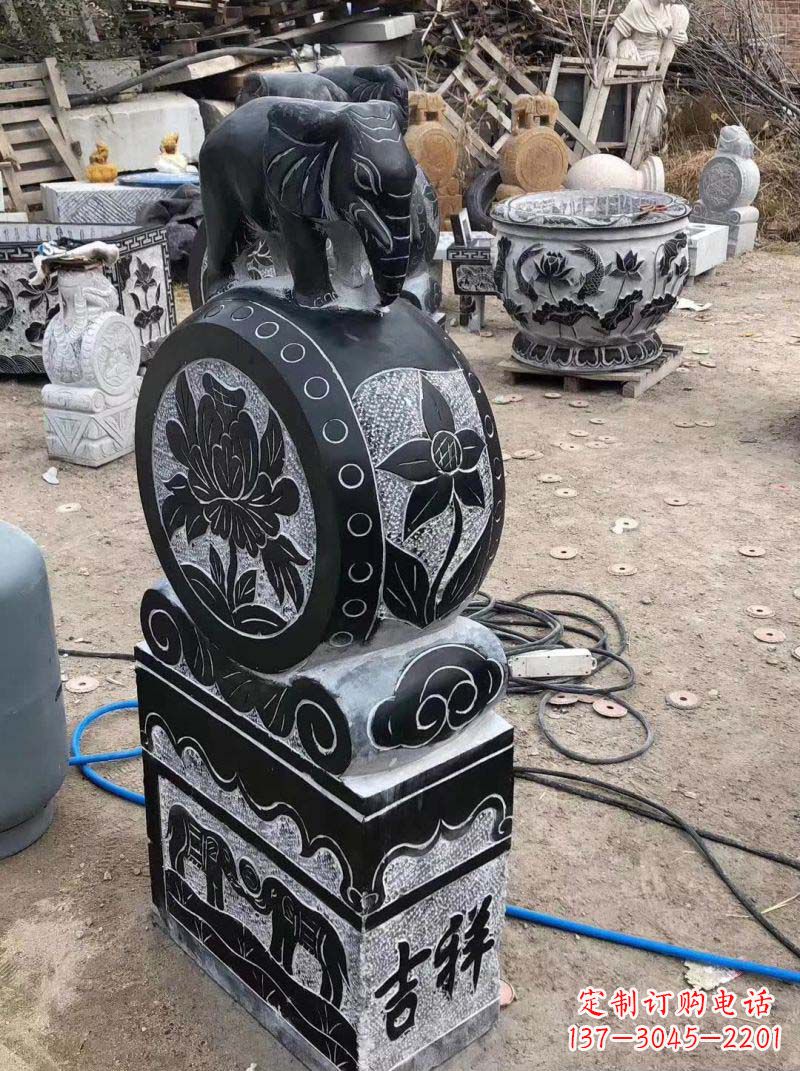 连云港传统工艺小象抱鼓石雕塑