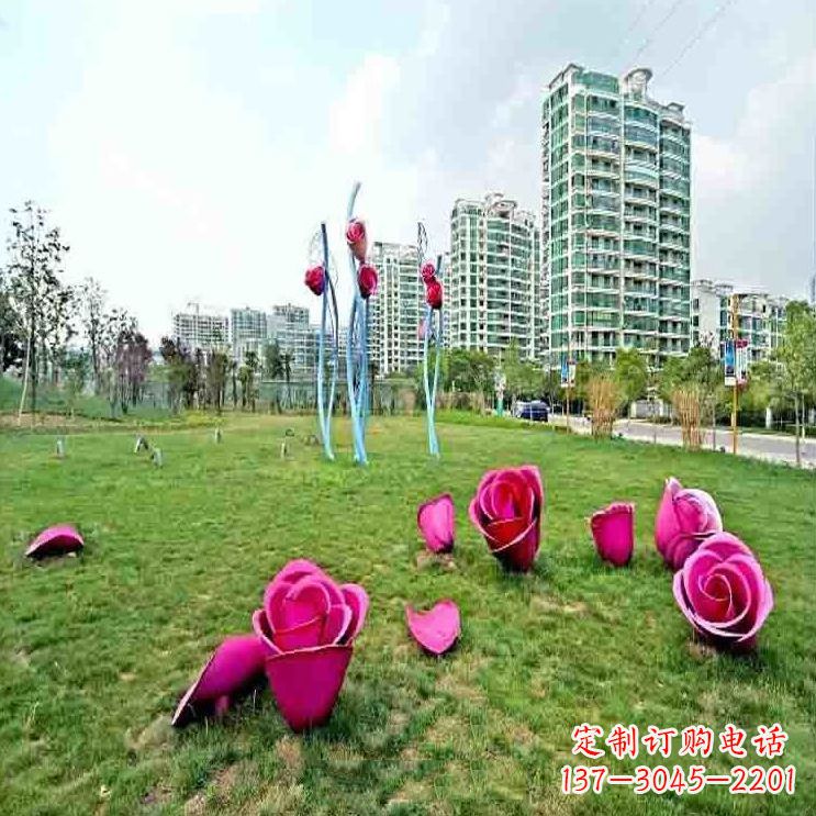 连云港公园草坪不锈钢玫瑰装饰花朵雕塑