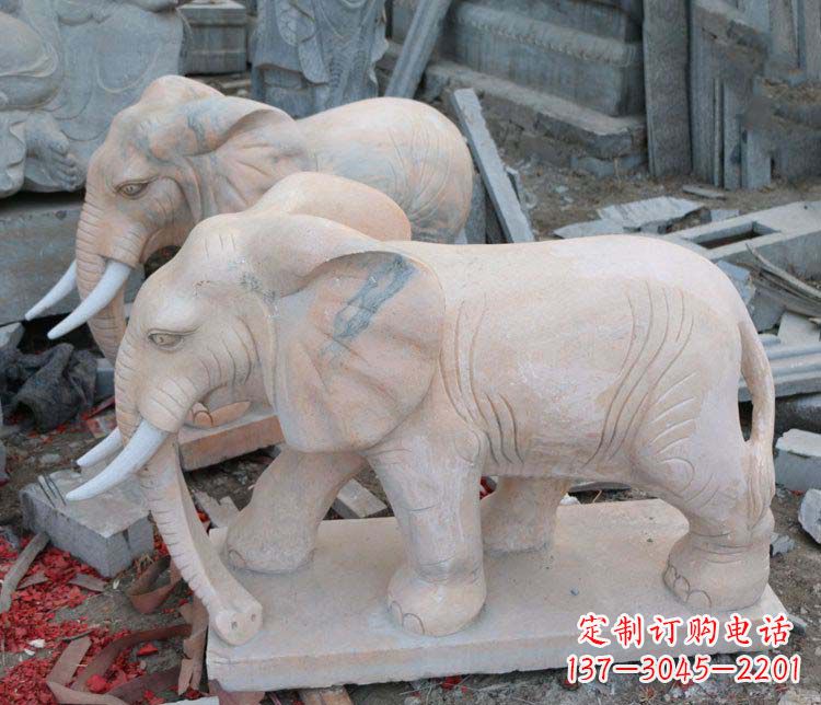 连云港雕刻出令人感动的那头大象定制公园晚霞红大象动物石雕