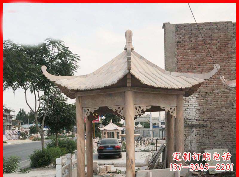 连云港公园晚霞红六角石凉亭雕塑