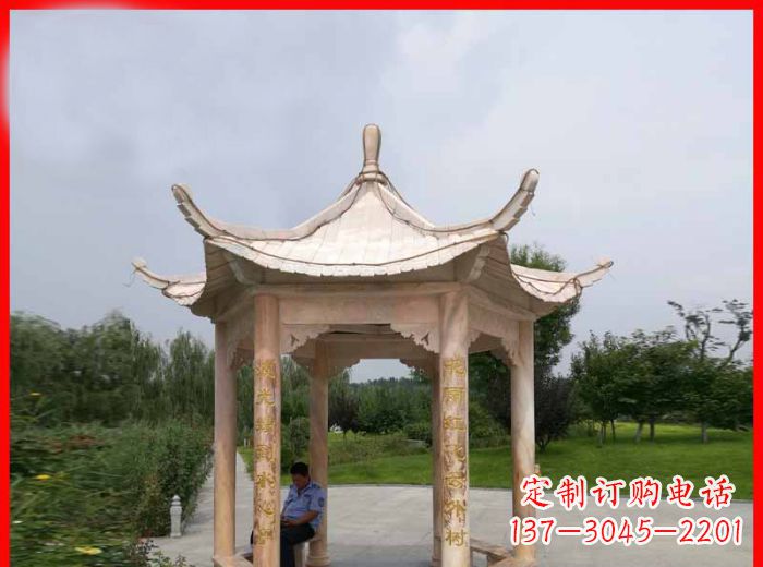 连云港晚霞红六角石凉亭雕塑
