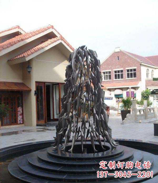 连云港欢乐鱼群,喷泉铜雕