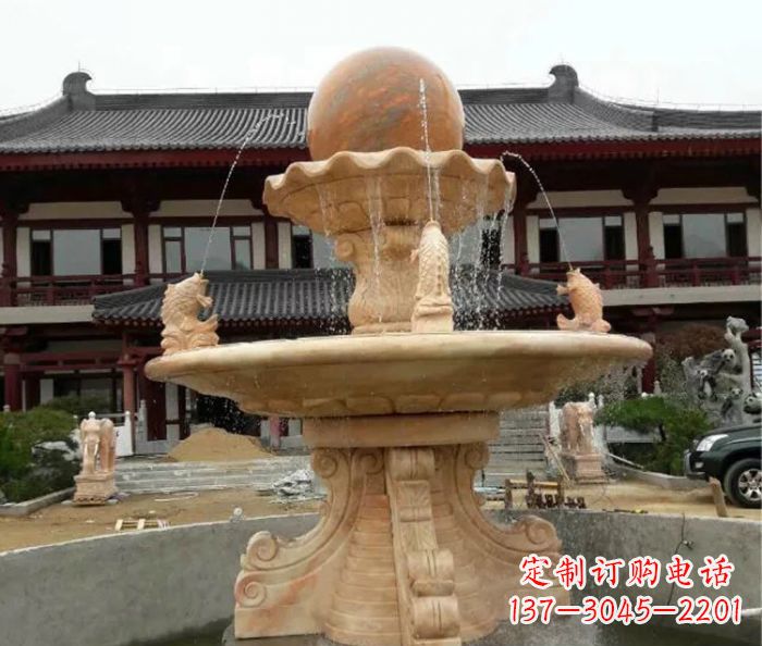 连云港双层风水球喷泉晚霞红石雕