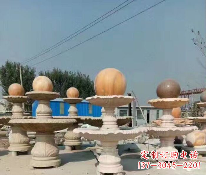 连云港晚霞红多层风水球喷泉石雕