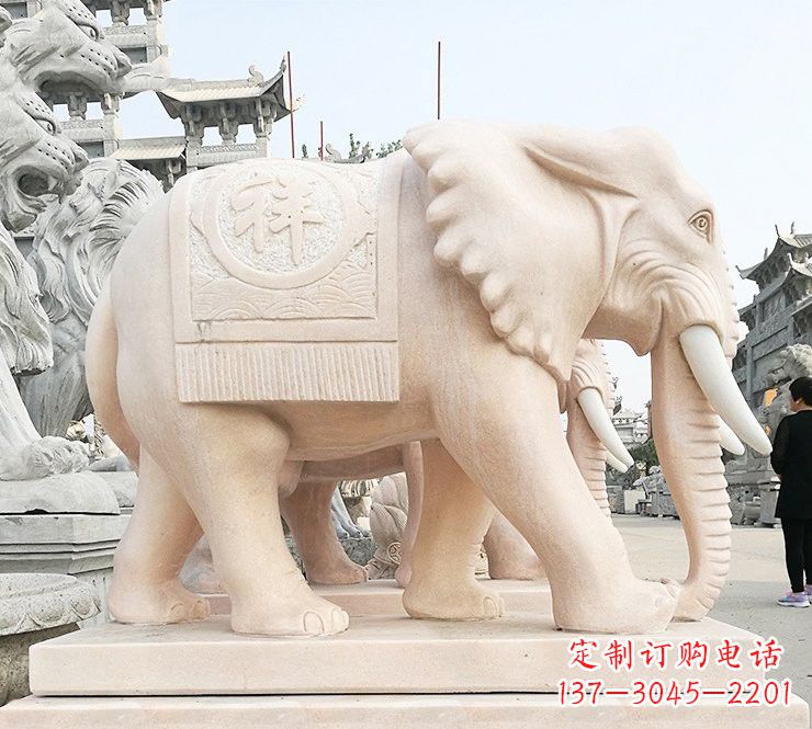 连云港晚霞红吉祥如意大象石雕