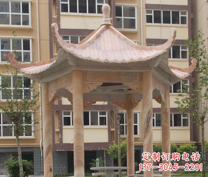 连云港小区晚霞红六角凉亭石雕