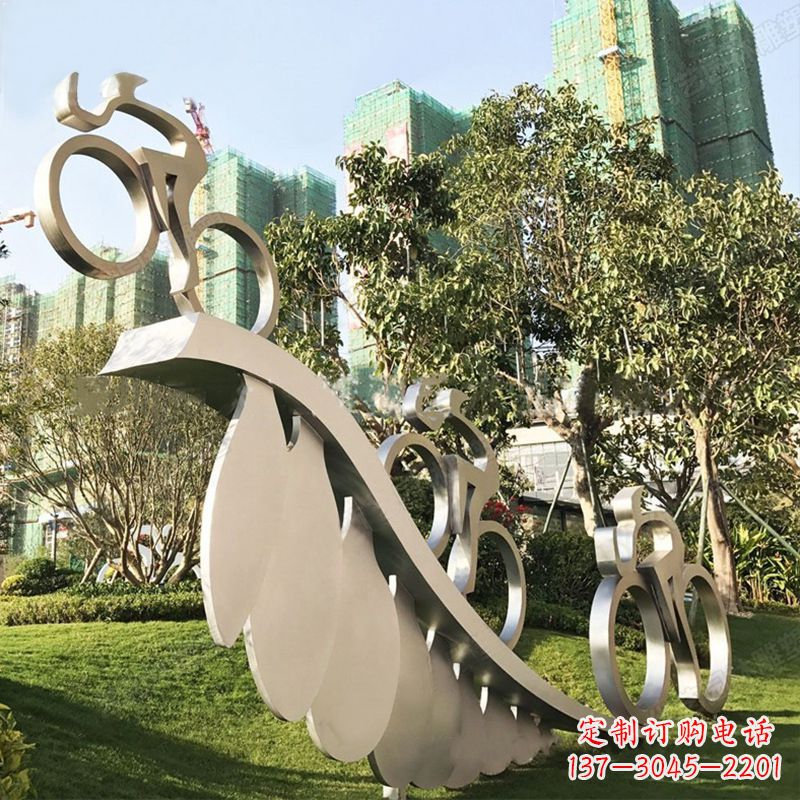 连云港自行车雕塑-抽象不锈钢骑自行车人物景观雕塑
